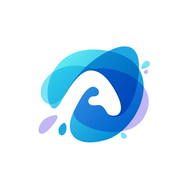 Letra A logotipo en fondo salpicadura de agua azul . — Vector de stock