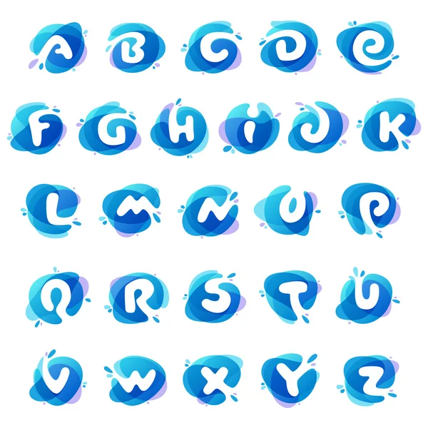 Alphabet logotyper på blått vatten stänk bakgrund. — Stock vektor