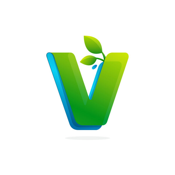 Логотип буквы V, образованный лентой из листьев и капель
.