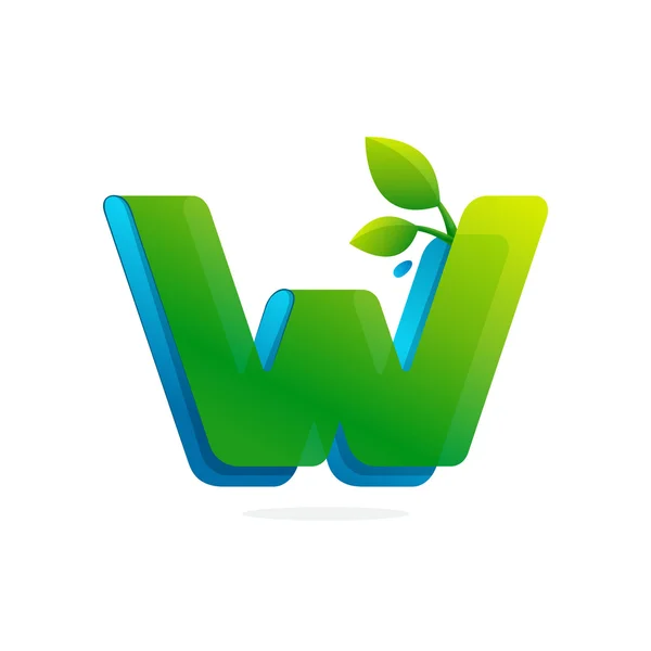 Letter W logo formed by ribbon with leaves and drops. — Stock Vector