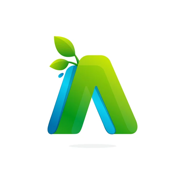 Lettre A logo formé par ruban avec des feuilles et des gouttes . — Image vectorielle
