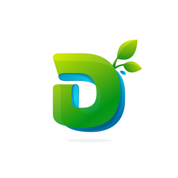 Bokstaven D logotyp bildas av band med blad och droppar. — Stock vektor