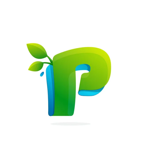 Carta P logotipo formado por fita com folhas e gotas . —  Vetores de Stock