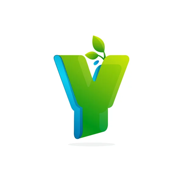 Letter Y logo formed by ribbon with leaves and drops. — Stock Vector