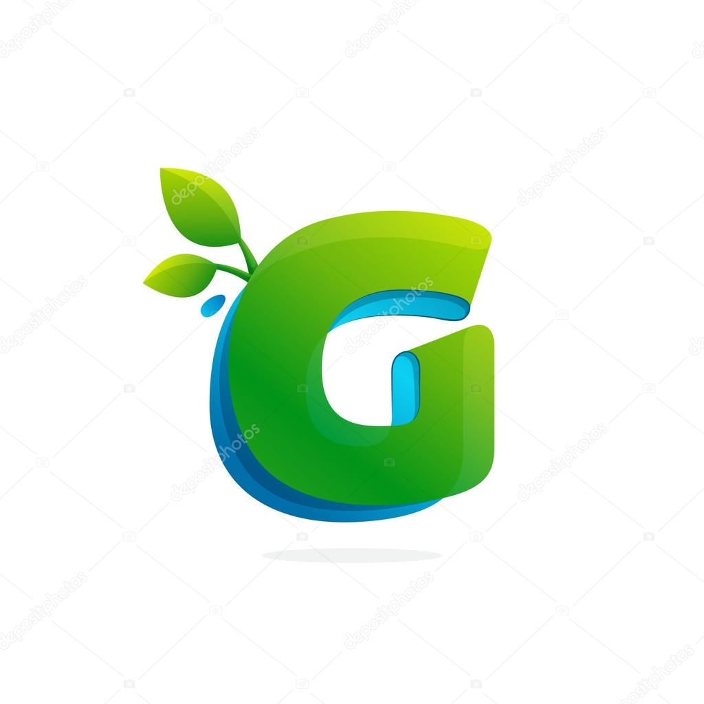 Letter G logo formed by ribbon with leaves and drops.