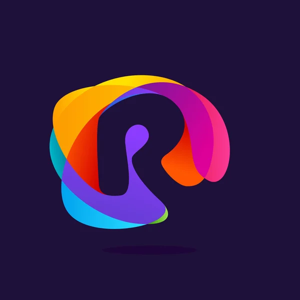 Bokstaven R logotyp på färgglada multicolor splash bakgrund. — Stock vektor
