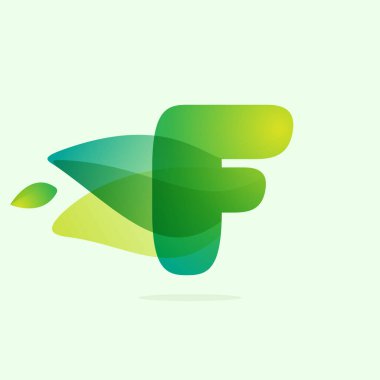 Yeşil yapraklı F ekolojisi harfi logosu. Tarım etiketleri, botanik başlıkları, bitkisel posterler, yeşillik kimliği vs. için vektör suluboya yazı tipi.