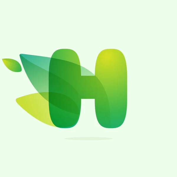 緑の葉とエコロジーH文字のロゴ 農業ラベル用ベクトル水彩書体 植物の見出し ハーブポスター 葉のアイデンティティなど — ストックベクタ