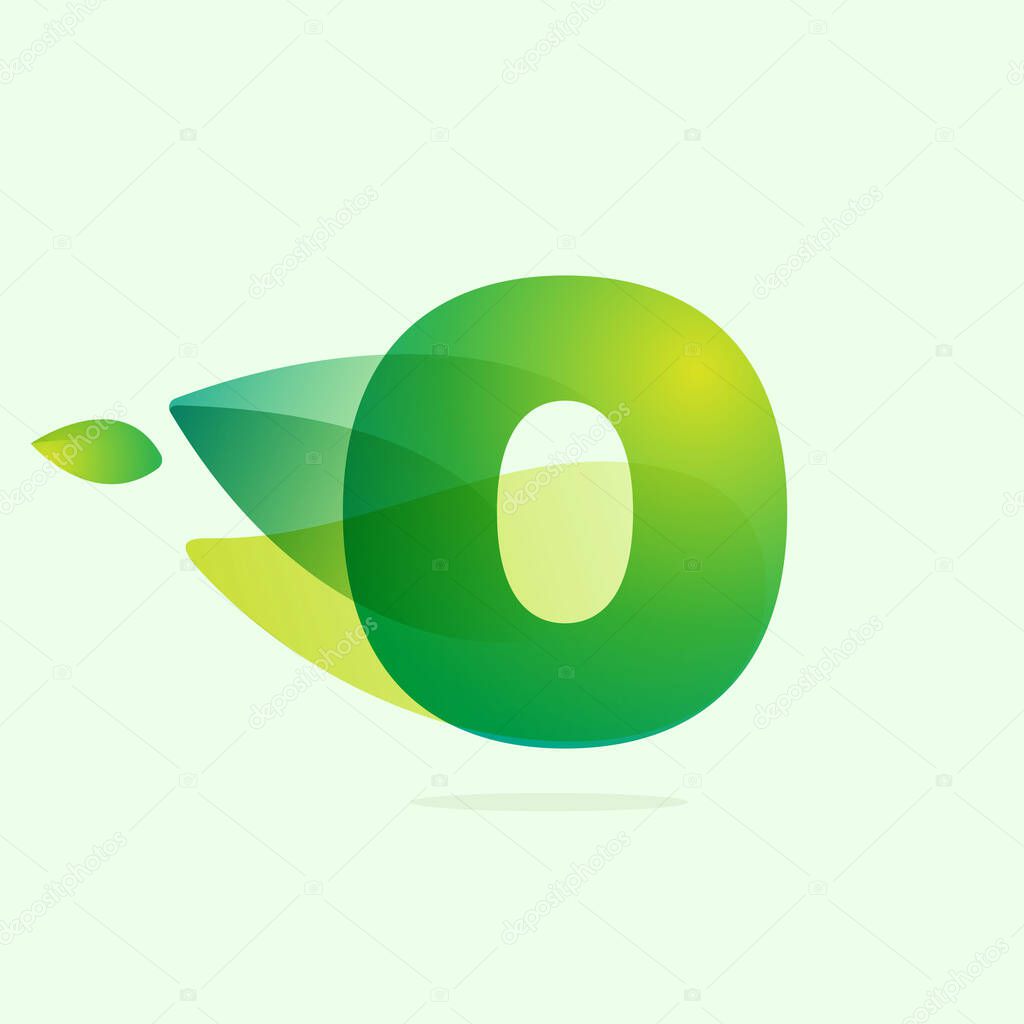 Ecology O letter logo with green leaves. Vector watercolor typeface for agriculture labels, botanical headlines, herbal posters, foliage identity etc.