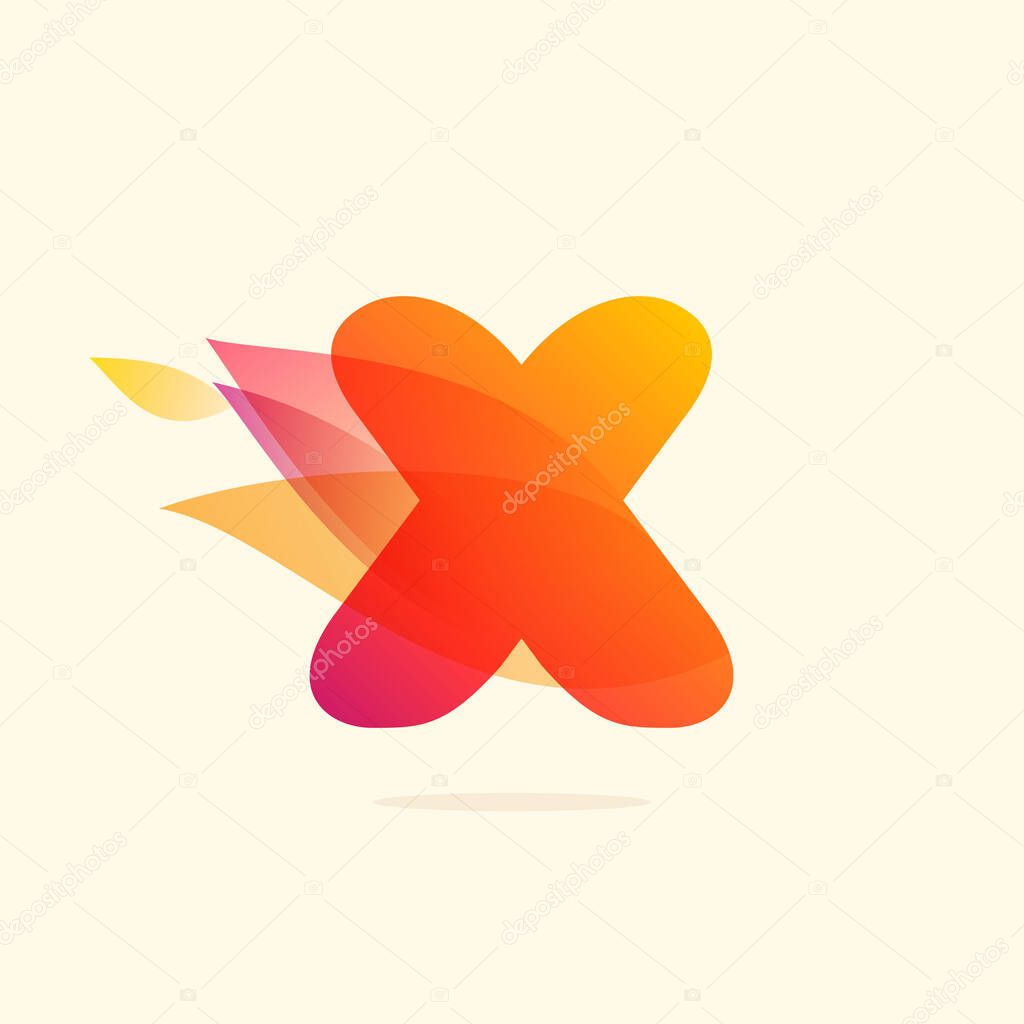 Burning fire X letter logo with red tails. Vector watercolor typeface for danger labels, fast speed headlines, motorcycle posters, sport identity etc.