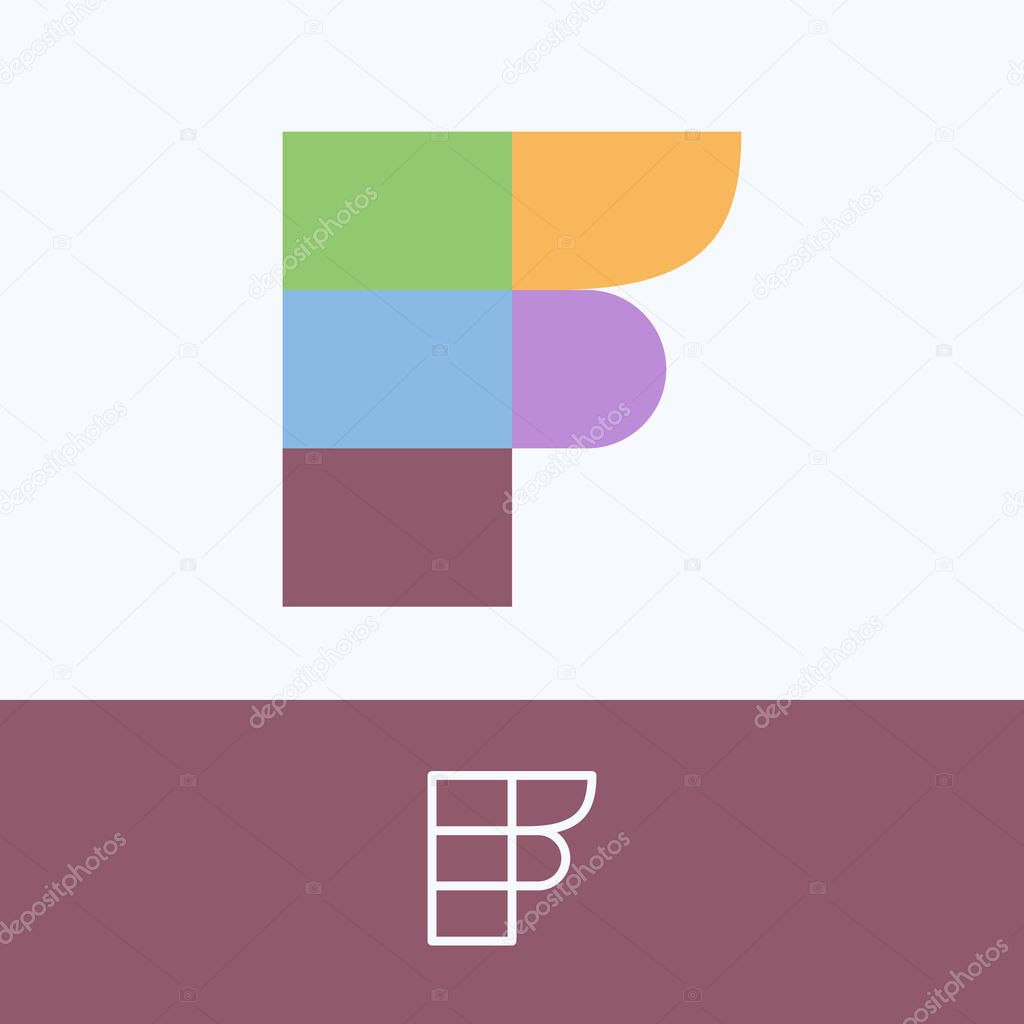 F letter logo made of pattern blocks with pretty dim colors. Vector template perfect to use in your cute corporate identity, greeting packaging, wedding posters, clothes design, and others. 