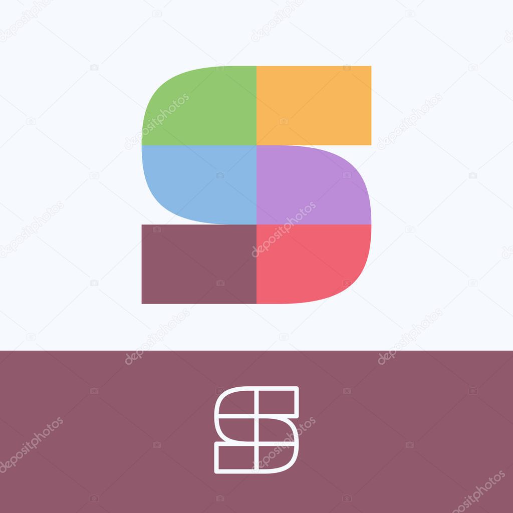 S letter logo made of pattern blocks with pretty dim colors. Vector template perfect to use in your cute corporate identity, greeting packaging, wedding posters, clothes design, and others. 