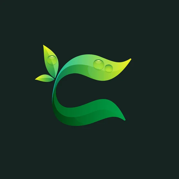 Logo Écologie Lettre Avec Feuilles Vertes Gouttes Rosée Icône Vectorielle — Image vectorielle