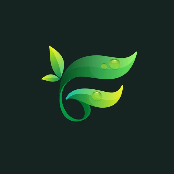 Bokstaven Ekologi Logotyp Med Gröna Blad Och Dagg Droppar Vektorikon — Stock vektor