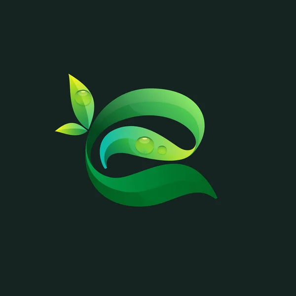 Lettre Logo Écologique Avec Feuilles Vertes Gouttes Rosée Icône Vectorielle — Image vectorielle