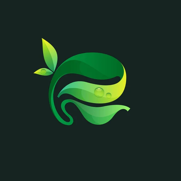 Letra Ecología Logo Con Hojas Verdes Gotas Rocío Icono Vector — Vector de stock