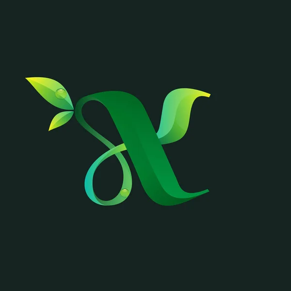 Bokstaven Ekologi Logotyp Med Gröna Blad Och Dagg Droppar Vektorikon — Stock vektor