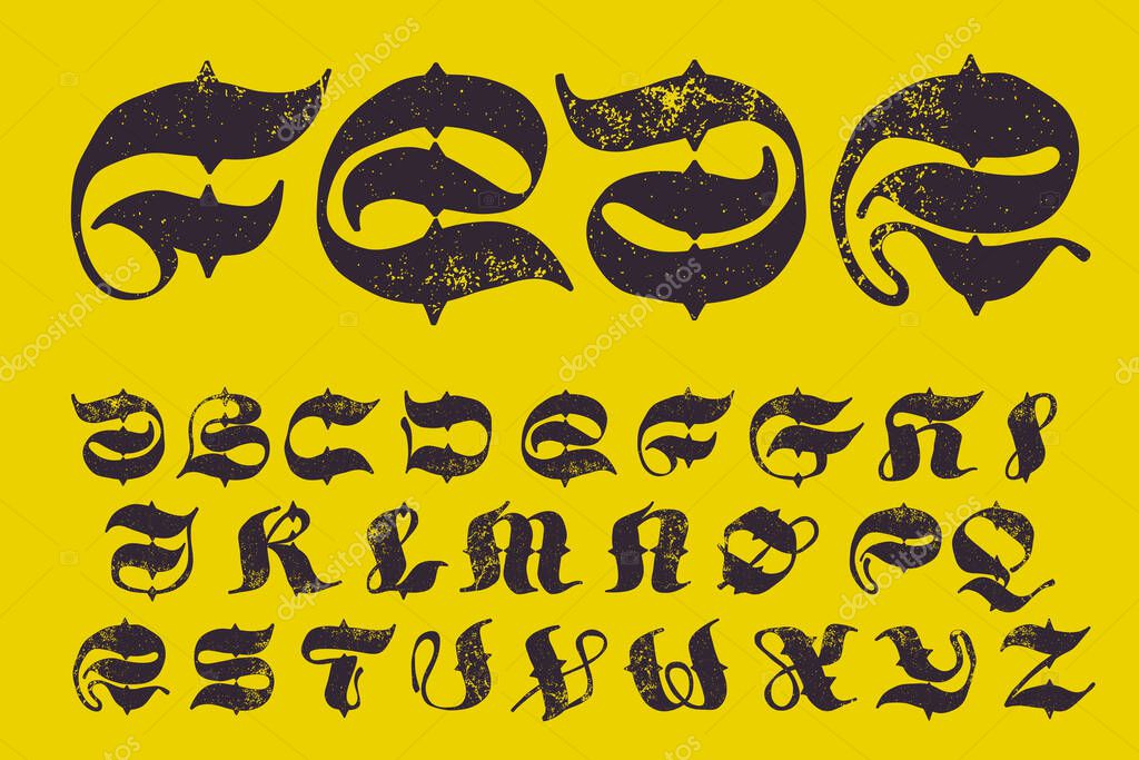 Calligraphy alphabet in horror style with grunge texture. Stylish terrible font for your fear corporate identity, circus emblem, nightlife posters, medieval style design, and etc.