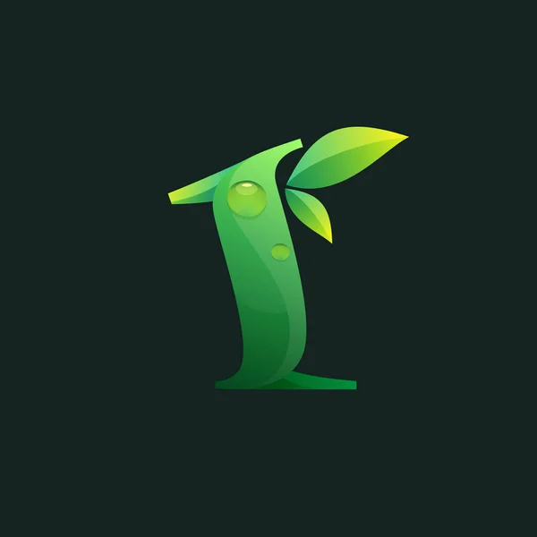 Экологический Логотип Номер Один Зелеными Листьями Капли Росы Векторная Иконка — стоковый вектор