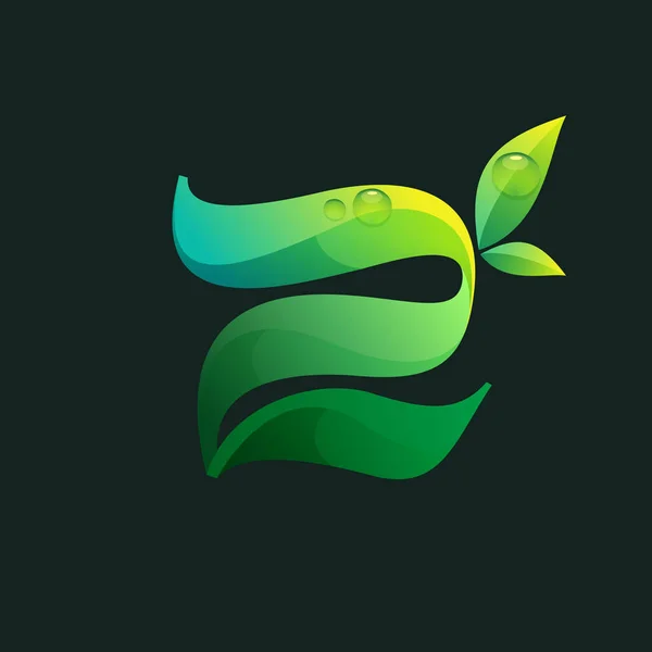 Logo Écologique Numéro Deux Avec Feuilles Vertes Gouttes Rosée Icône — Image vectorielle