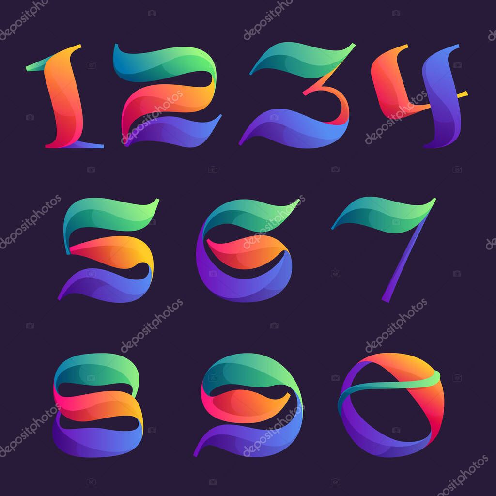Vibrant calligraphy numbers set with colorful gradients. Vector classic typeface for expressive labels, casino headlines, theatre posters, futuristic identity etc.