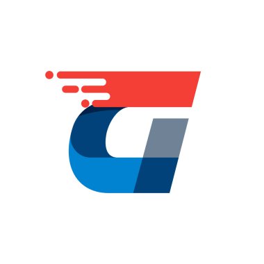 G harfi hızlı hareket logosu. Spor kıyafetleri etiketleri, dağıtım afişleri, yarış kimliği, taksi kartları vs. için kırmızı çizgili mat yazı tipi.