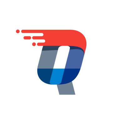 Q harfi hızlı hareket logosu. Spor kıyafetleri etiketleri, dağıtım afişleri, yarış kimliği, taksi kartları vs. için kırmızı çizgili mat yazı tipi.