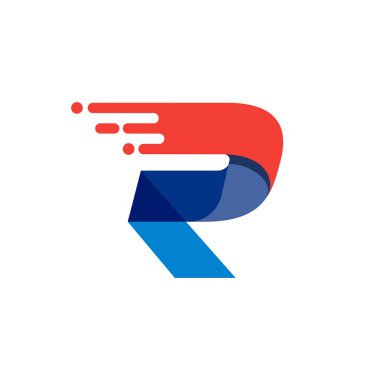 R harfi hızlı hareket logosu. Spor kıyafetleri etiketleri, dağıtım afişleri, yarış kimliği, taksi kartları vs. için kırmızı çizgili mat yazı tipi.