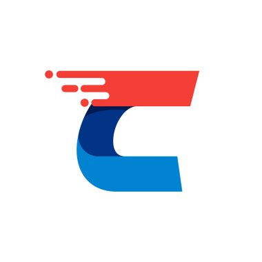 C harfi hızlı hareket logosu. Spor kıyafetleri etiketleri, dağıtım afişleri, yarış kimliği, taksi kartları vs. için kırmızı çizgili mat yazı tipi.