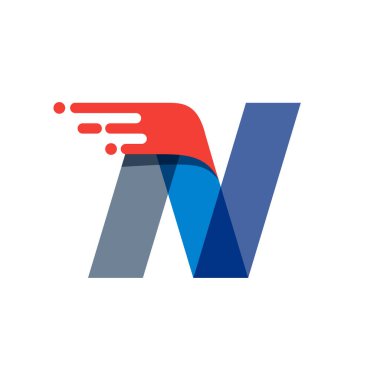 N harfi hızlı hareket logosu. Spor kıyafetleri etiketleri, dağıtım afişleri, yarış kimliği, taksi kartları vs. için kırmızı çizgili mat yazı tipi.