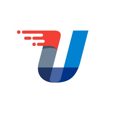 U harfi hızlı hareket logosu. Spor kıyafetleri etiketleri, dağıtım afişleri, yarış kimliği, taksi kartları vs. için kırmızı çizgili mat yazı tipi.