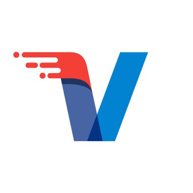 V harfi hızlı hareket logosu. Spor kıyafetleri etiketleri, dağıtım afişleri, yarış kimliği, taksi kartları vs. için kırmızı çizgili mat yazı tipi.
