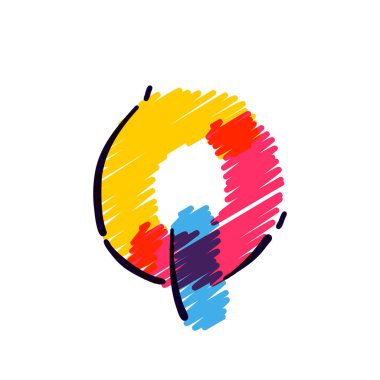 Q harfi logosu renkli kalemlerle çizilmiş. Okul tarzı bir çizgi film için mükemmel vektör çocuksu yazı tipi, şirin çizgi roman baskısı, anaokulu posterleri, vs..