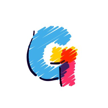 Renkli kalemlerle çizilmiş G harfi logosu. Okul tarzı bir çizgi film için mükemmel vektör çocuksu yazı tipi, şirin çizgi roman baskısı, anaokulu posterleri, vs..