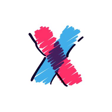 Renkli kalemlerle çizilmiş X harfli logo. Okul tarzı bir çizgi film için mükemmel vektör çocuksu yazı tipi, şirin çizgi roman baskısı, anaokulu posterleri, vs..