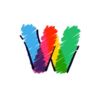 Renkli kalemlerle çizilmiş W harfi logosu. Okul tarzı bir çizgi film için mükemmel vektör çocuksu yazı tipi, şirin çizgi roman baskısı, anaokulu posterleri, vs..