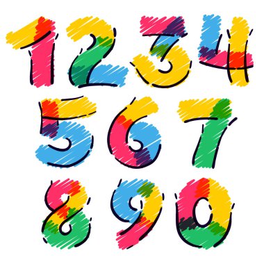 Rakamlar renkli kalemlerle çizilmiş. Okul tarzı bir çizgi film için mükemmel vektör çocuksu yazı tipi, sevimli çizgi roman logosu, anaokulu posterleri, vs..