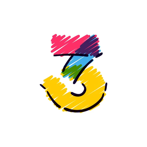 Número Três Logotipo Mão Desenhada Com Lápis Cor Fonte Infantil —  Vetores de Stock