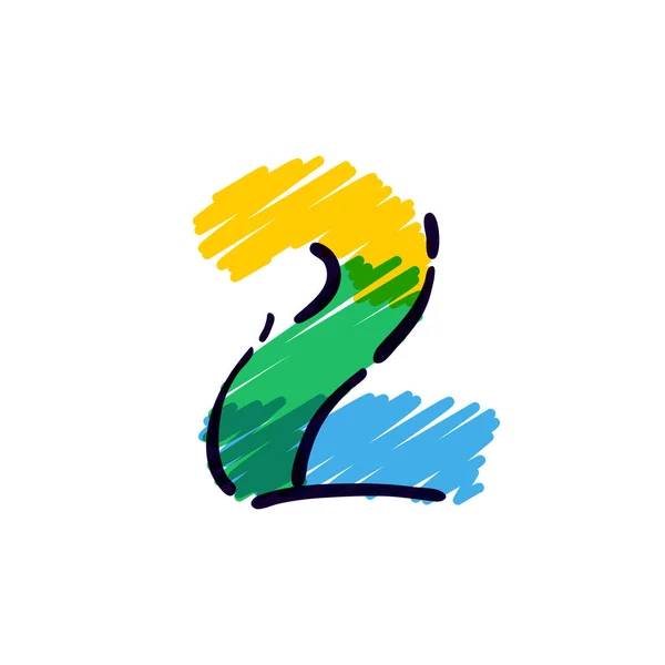 Νούμερο Δύο Χέρι Λογότυπο Ζωγραφισμένο Χρωματιστά Μολύβια Τέλειο Διάνυσμα Παιδική — Διανυσματικό Αρχείο