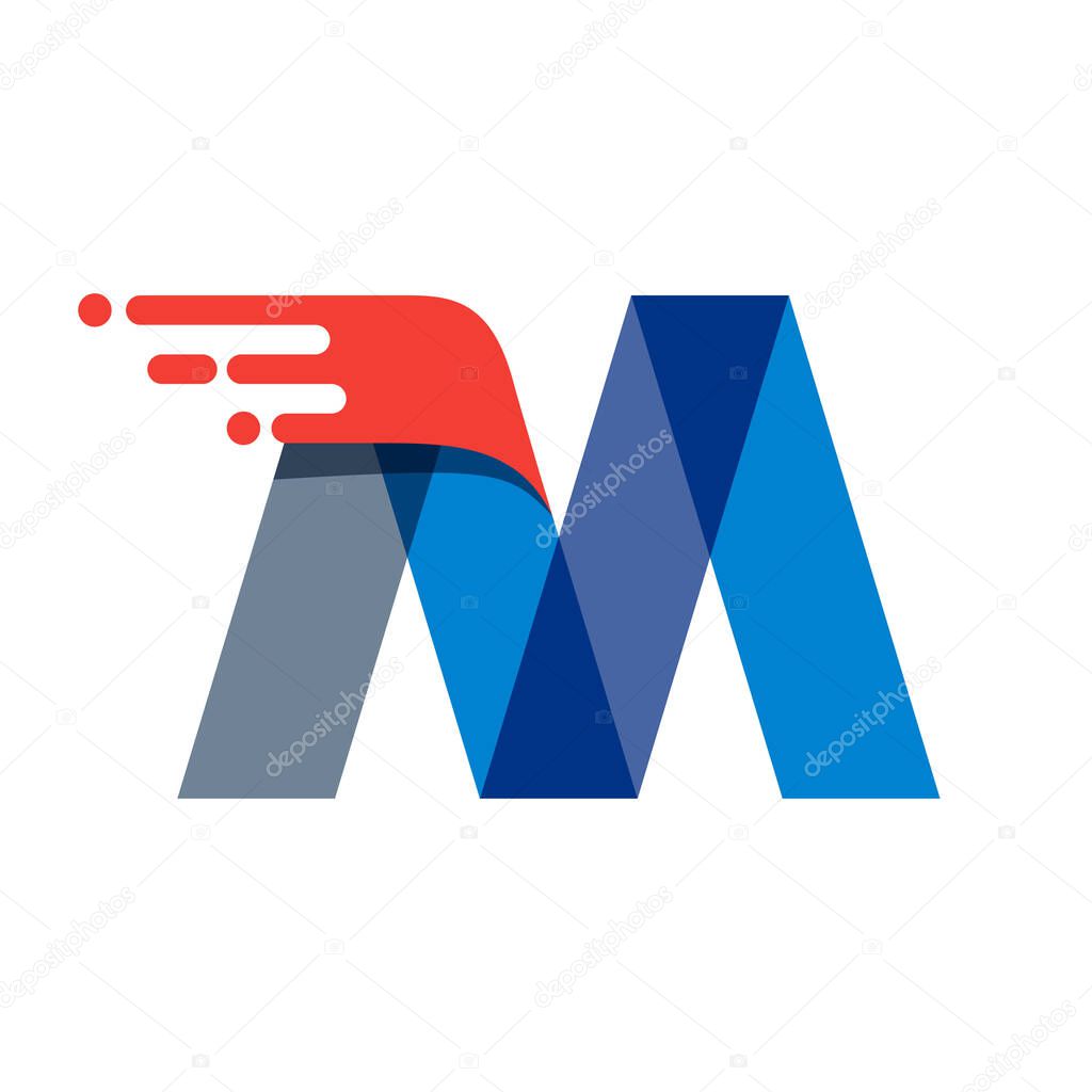 Letter M fast speed motion logo. Oblique font with red line for sportswear labels, delivery poster, racing identity, taxi cards etc.