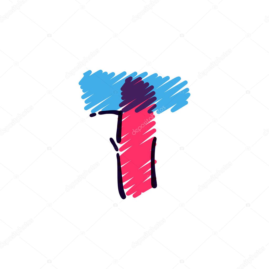 T letter logo hand drawn with a colored pencils. Perfect vector childish font for a school style cartoon, cute comic print, kindergarten posters, etc.