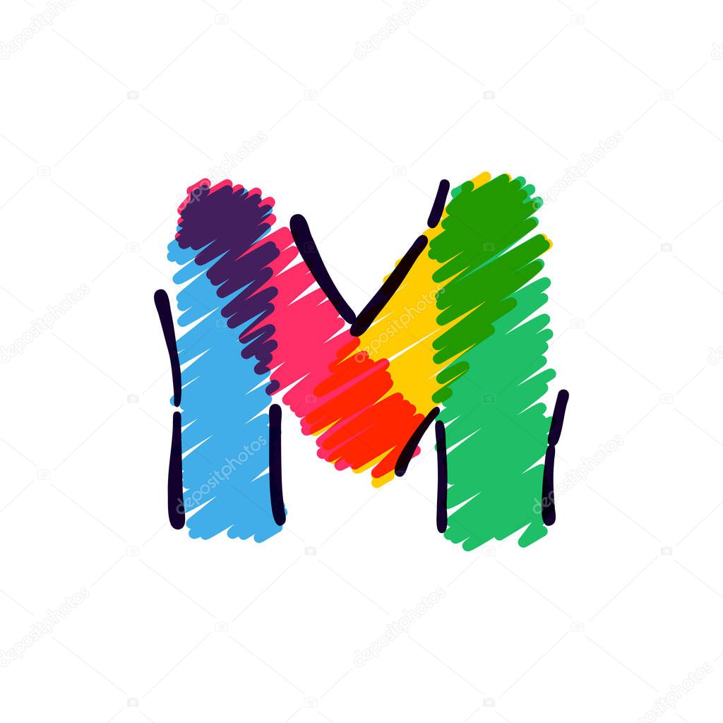M letter logo hand drawn with a colored pencils. Perfect vector childish font for a school style cartoon, cute comic print, kindergarten posters, etc.