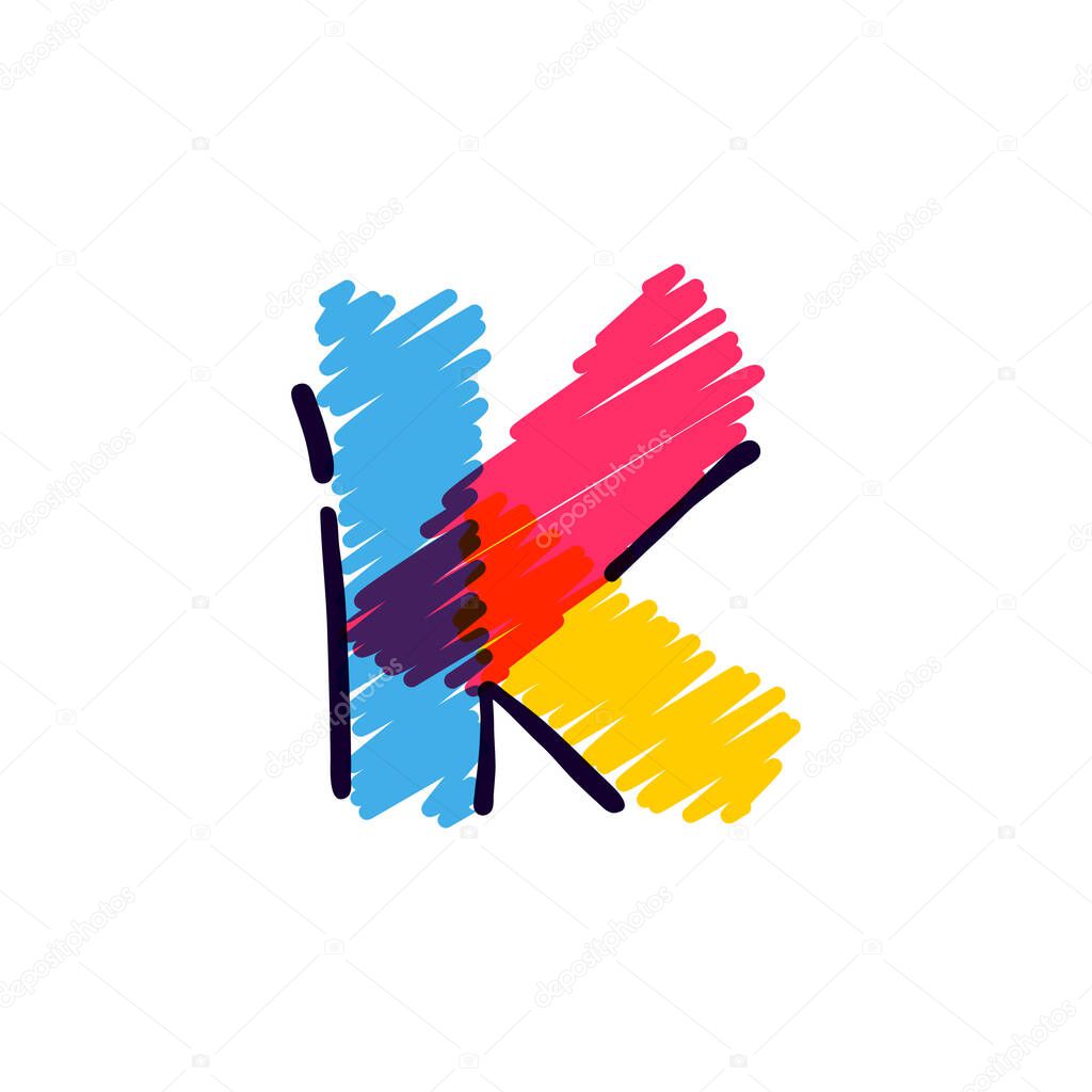 K letter logo hand drawn with a colored pencils. Perfect vector childish font for a school style cartoon, cute comic print, kindergarten posters, etc.