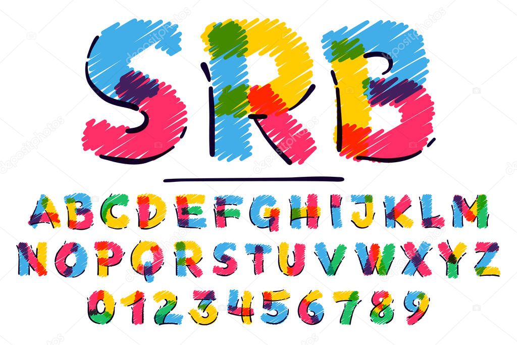 Alphabet and numbers set hand drawn with a colored pencils. Perfect vector childish font for a school style cartoon, cute comic logo, kindergarten posters, etc.