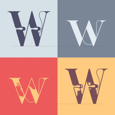 Zarif bir çizgi dekorasyonu olan W harfi logosu. Dört biçimli serif yazı tipi seti. Alkol etiketlerinde, cazibe posterlerinde, lüks kimliklerde vs. kullanmak için mükemmel bir vektör vintage simgesi.