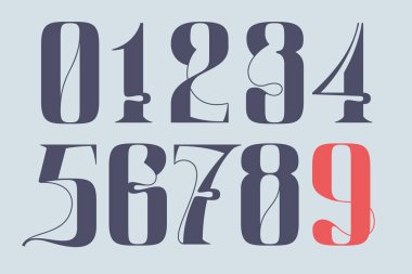 Zarif satır dekorasyonu ile serif biçimi numaraları ayarlandı. Alkol etiketlerinde, cazibe posterlerinde, lüks kimliklerde vs. kullanmak için mükemmel bir vektör vintage simgesi.