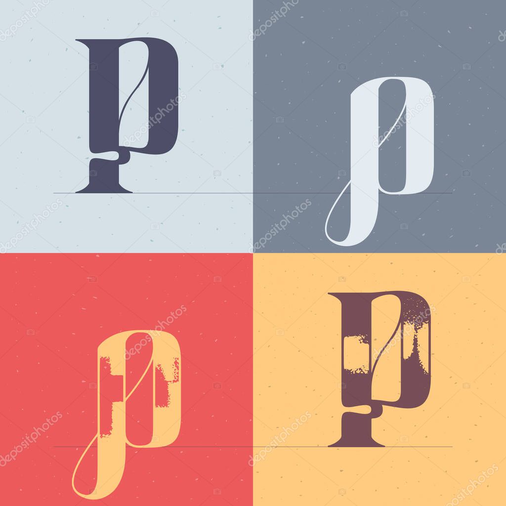 P letter logo with elegant line decoration. Four style serif font set. Vector vintage icon perfect to use in any alcohol labels, glamour posters, luxury identity, etc.
