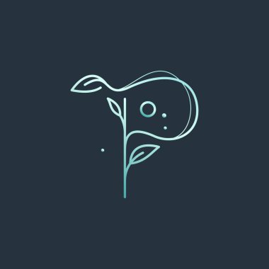 P harfi logosu ay, yıldızlar ve yapraklarla süslenmiş. Klasik markalaşma, romantik ambalaj, ekoloji posterleri, astroloji blog tasarımı ve tatil davetiyelerinde kullanmak için mükemmel..