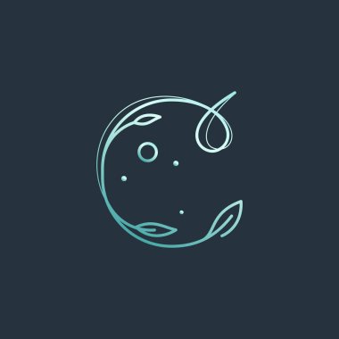 Ay, yıldızlar ve yapraklarla süslenmiş C harfi logosu. Klasik markalaşma, romantik ambalaj, ekoloji posterleri, astroloji blog tasarımı ve tatil davetiyelerinde kullanmak için mükemmel..