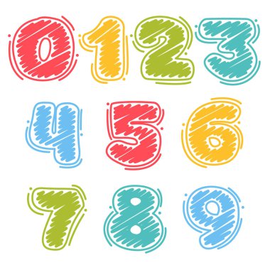 Çocuksu balmumu boya kalemleriyle dizilmiş sayılar karalamayı stile dönüştürür. Sevimli çocuklar için parlak renkli yazı tipi, komik el işi paketi, canlı poster, vs..